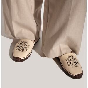 Tory Burch Ines Leather Double T Logo Espadrilles Flats New Cream Size 9.5 NIB